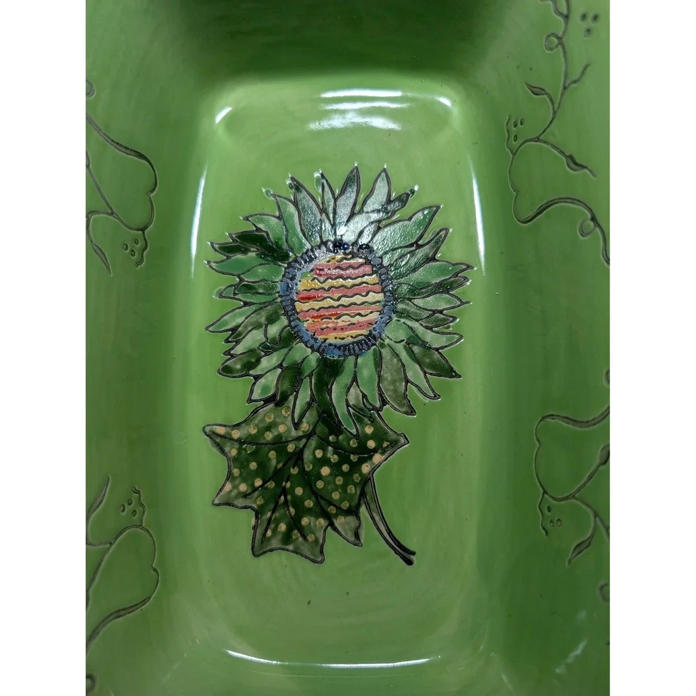 Blue Jean Chef Sunflower Ceramic Baker Set 2pc Green Floral Lasagna Casserole